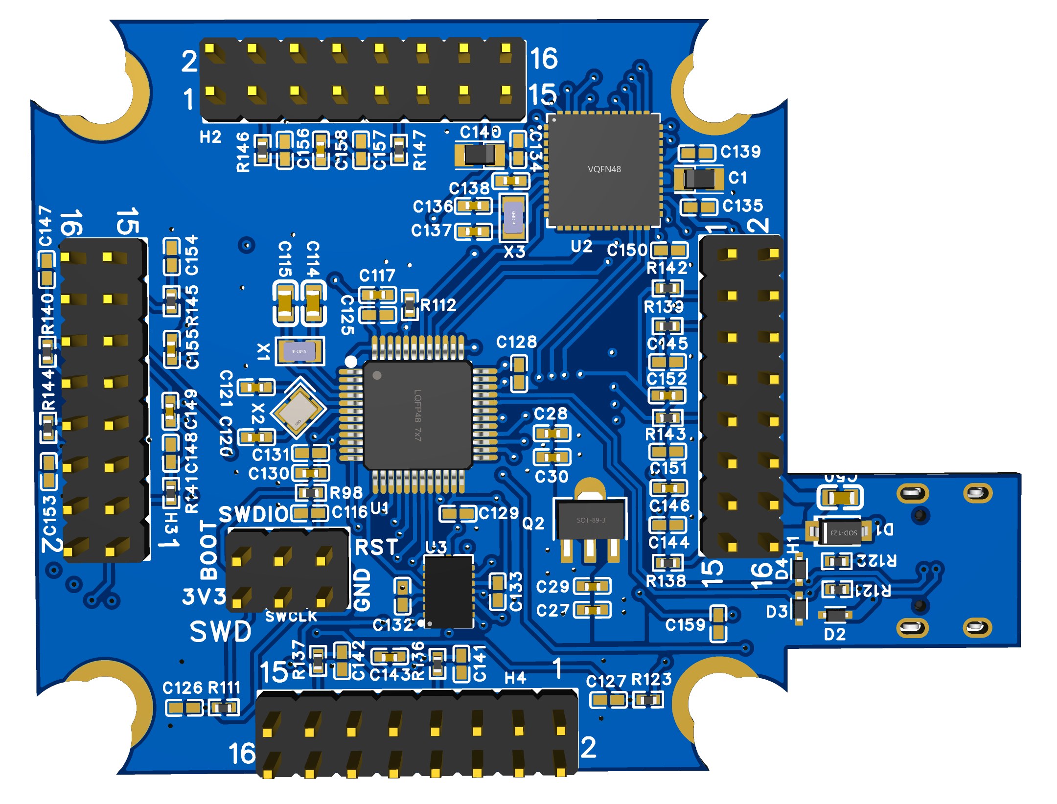 Rancangan PCB STM32 Mixed-Signal Board ANT dengan konektor modular di keempat sisi